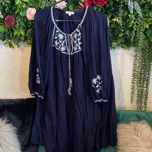 Navy Embroidered Peasant Dress with Tassel Tie